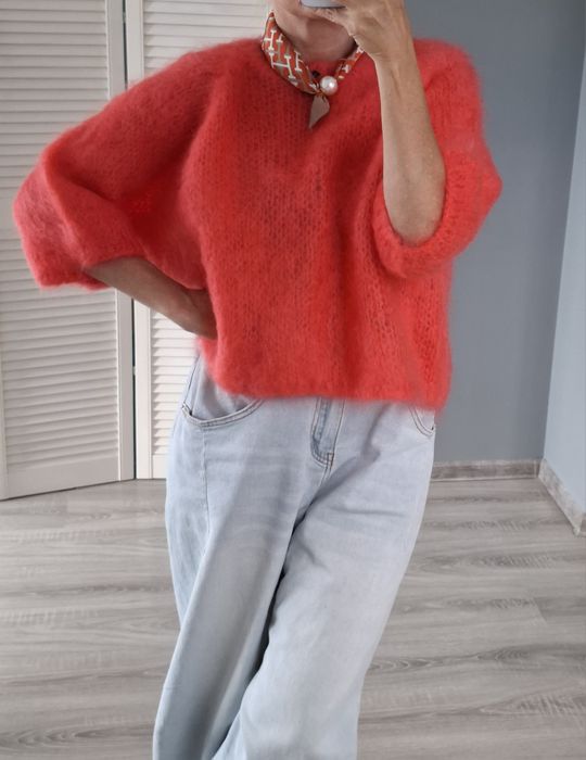 Wloski sweter moherowy czereony koralowy