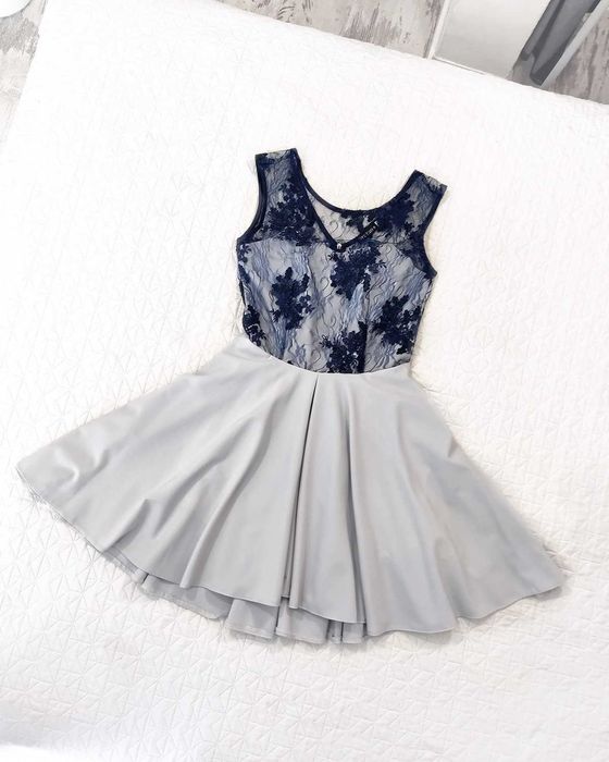 Granatowo - szara sukienka z koronką Studio9 38 M 36 S komunia wesele