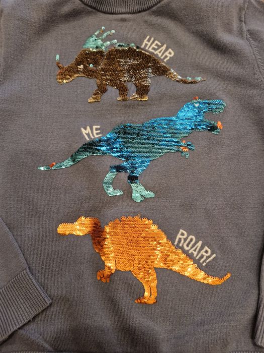 H&M 122/128 sweterek, cekiny dinozaury