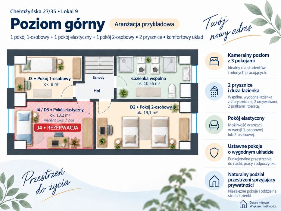 REZERWACJA Mała dwójka ~13,2 m² | 1480 zł plus opłaty | 740 zł/os. plus opłaty | Rembertów
