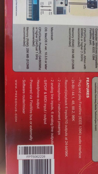 Presonus Firebox 24bit/96k 6 inputs, 10 outputs com Cubase LE software