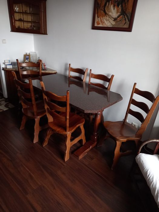 Stół dębowy z granitowym blatem 6 krzesł/solidny lite drewno/dom taras