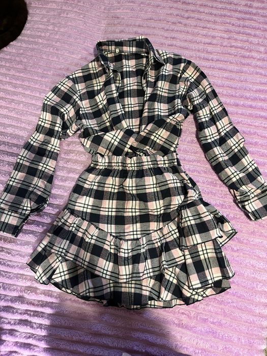 Костюм в клетку юбка рубашка S