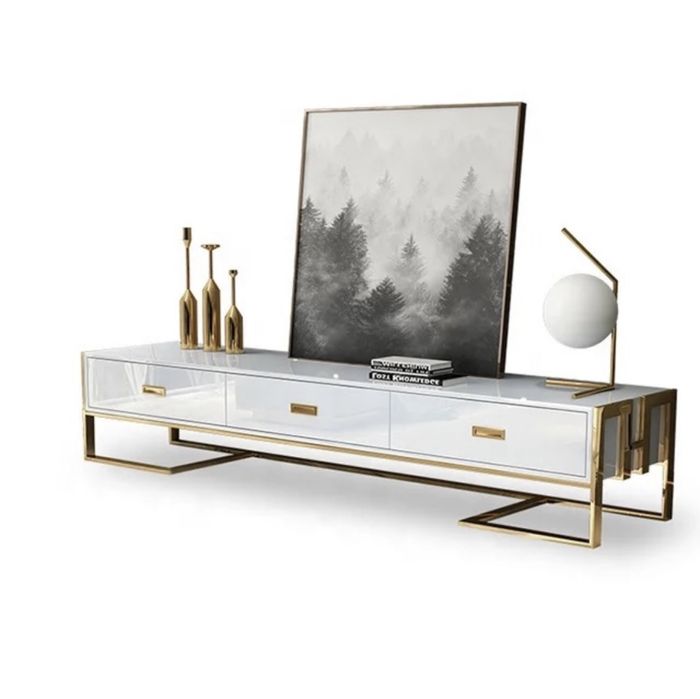 Nowoczesna komoda szafka rtv biała z szufladami złota Premium