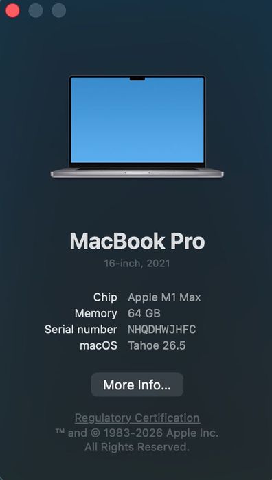 Вживаний MacBook PRO 16 M1 Max 10 CPU/ 24 GPU/ 64 RAM/ 512 GB SpaceGray