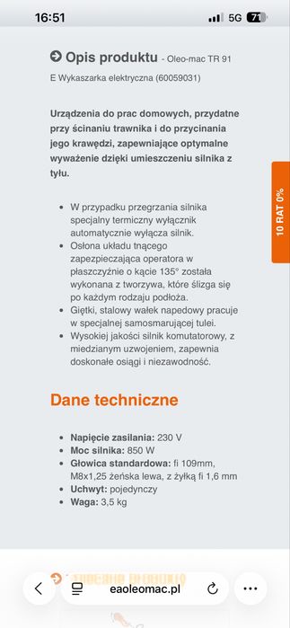 Podkaszarka oleo-mac TR 91 E Okazja