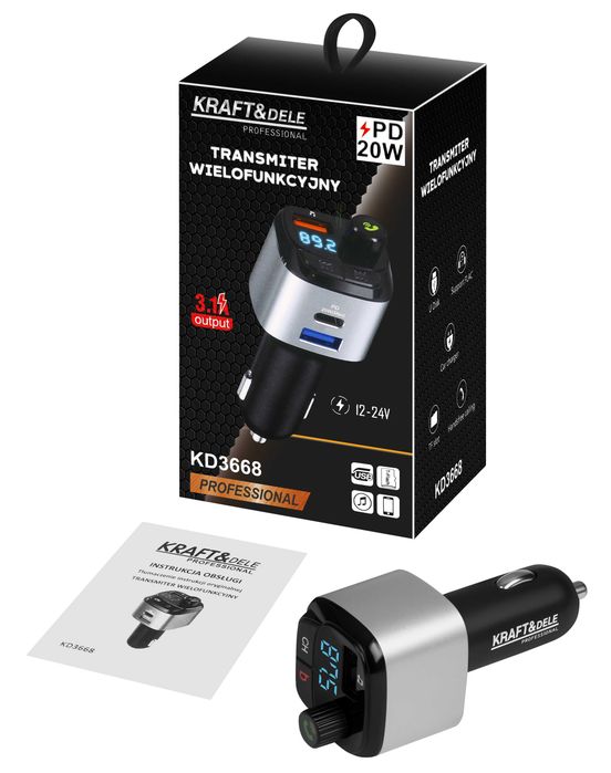 MOCNY Transmiter bluetooth FM samochodowy MP3 QC 3.0 SZYBKA ładowarka 20W