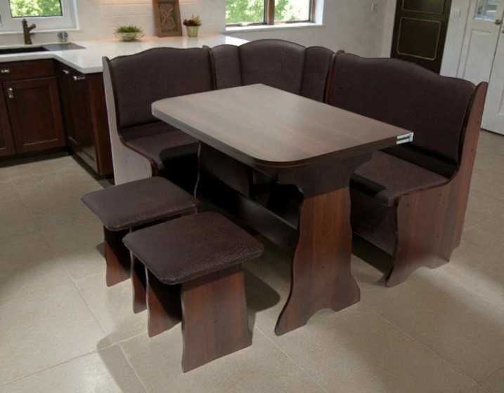 Кухонний куток + стіл + 2 табуретки - Горіх темний / Екошкіра Шоколад