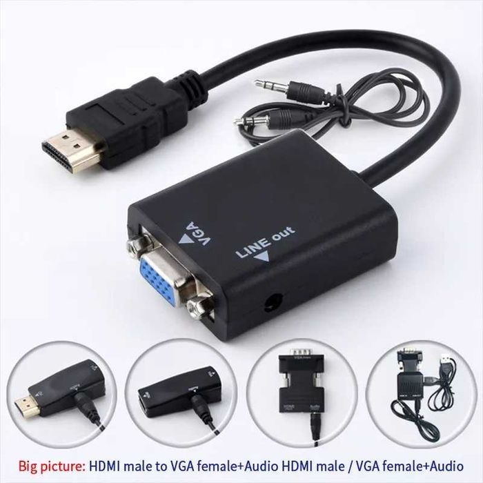 НОВЫЙ Переходник HDMI to VGA 1080P HD + шнур AUX Audio Cable 3,5 mm