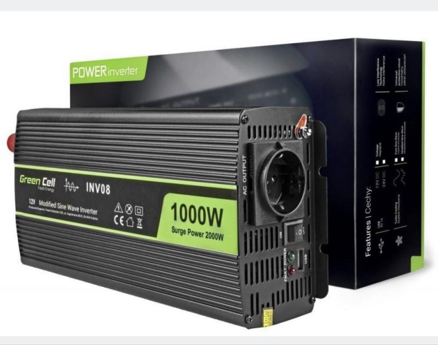 Przetwornica samochodowa Green Cell 1000W/2000W 12V INV08 USB SINUS
