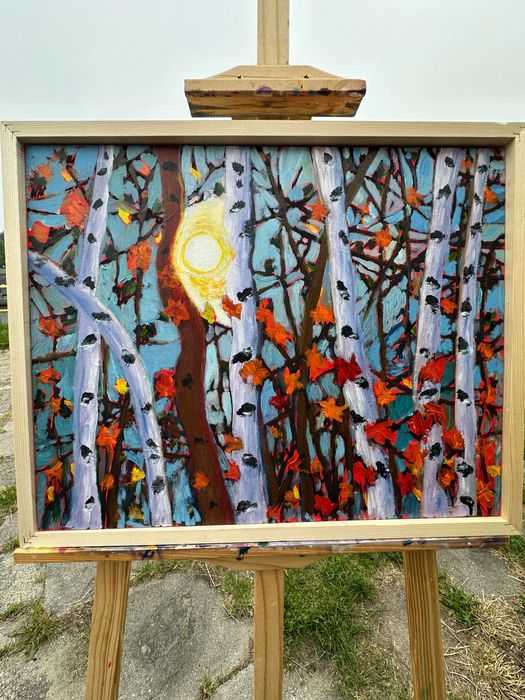 „Jesienny blask" – obraz olejny 40x50 cm, abstrakcja natury, w ramie