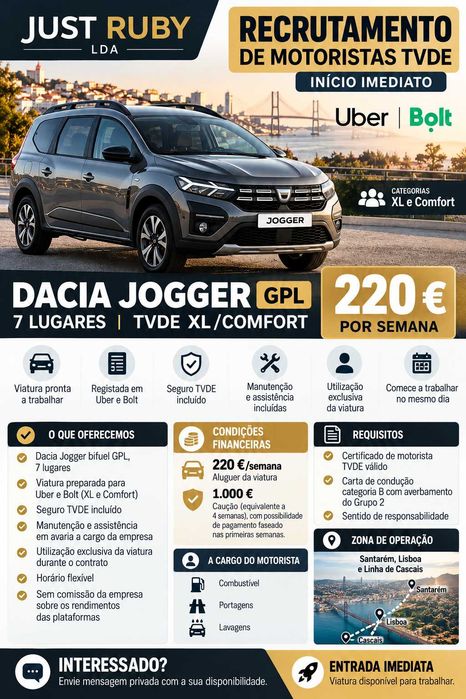 Dacia Jogger GPL 7 Lugares  TVDE XL/Comfort - Aluguer