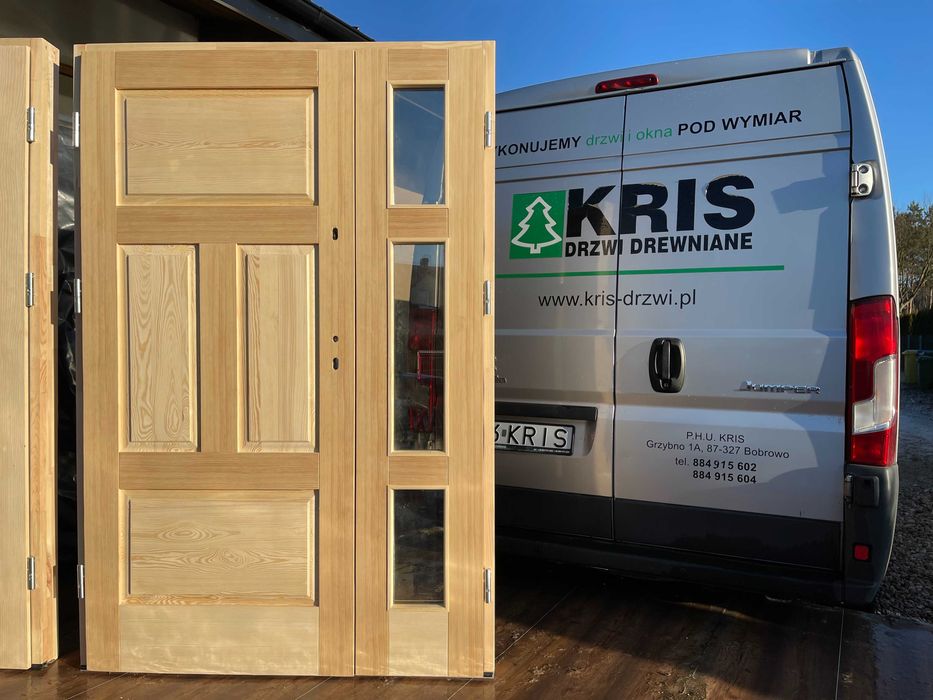 Drzwi zewnętrzne drewniane 900 OFERT ocieplane dwuskrzydłowe SOSNOWE