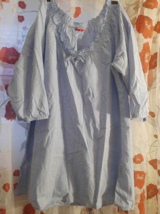 Блуза л 14 белая голубая шахматка принт, беременным кормящим, хлопок