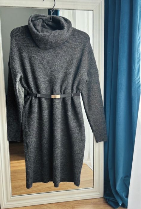 Sweter długi sukienka sweterkowa golf damski szary 36 Only