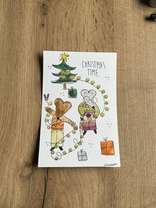 Kartka świąteczna święta myszki mysz choinka lampki prezent