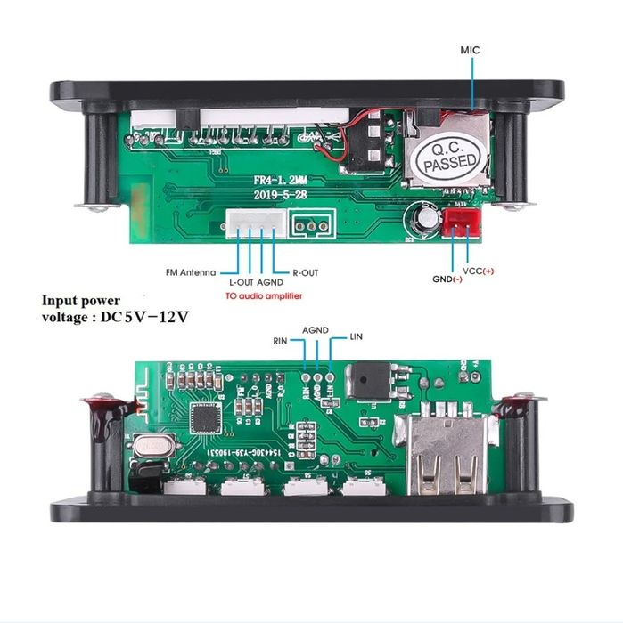 Mp3 модуль з bluetooth 5.0 і мікрофоном, FM радіо, USB, microSD, 5-14V