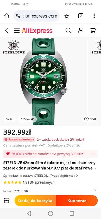 Zegarek Steeldive SD1977, diver, zielona tarcza, nh35, turtle slim