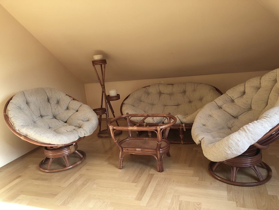 Rattanowy komplet wypoczynkowy, meble boho, vintage
