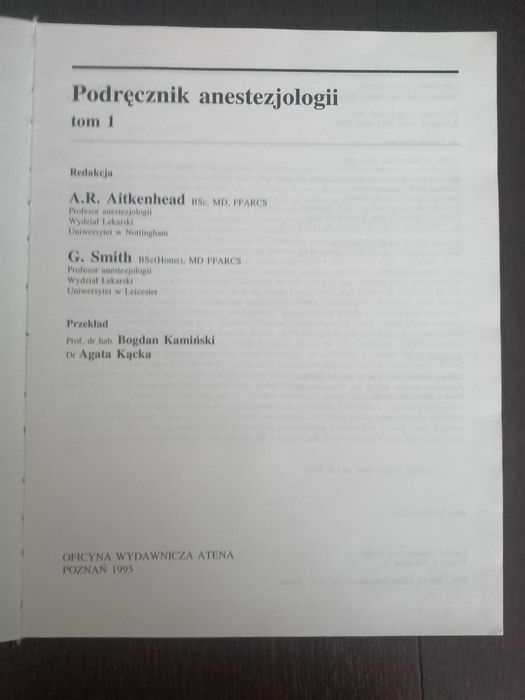 Podręcznik anestezjologii, tom 1, Aitkenhead, Smith 1995