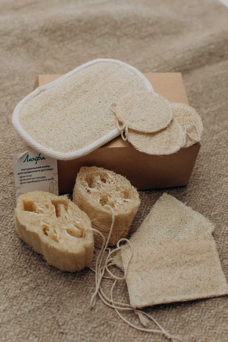 Еко-набір з люфи - мочалка, губки, диски для обличча. Чудовий подаруно