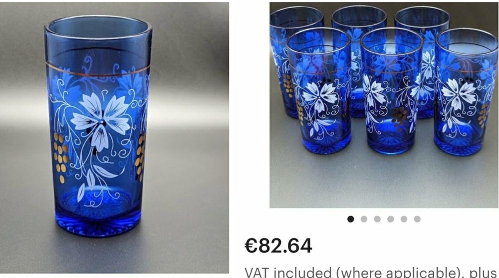 Vintage Blue Juice Glasses with grape and flower design Italy 35