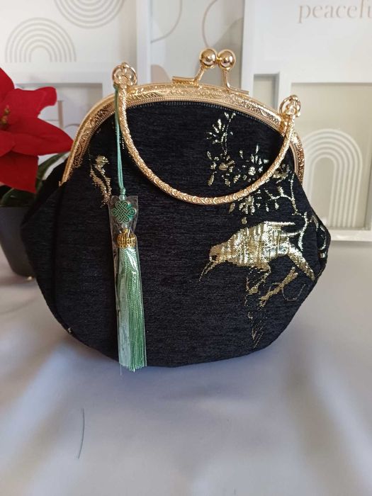 Torebka wieczorowa - Haftowany złoty ptak