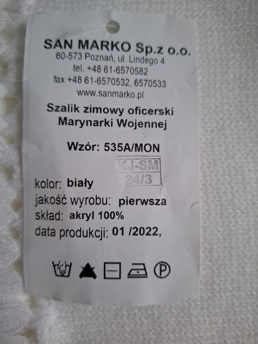 Szalik zimowy wojskowy Oficerski  WP 535A/MON  biały nowy.