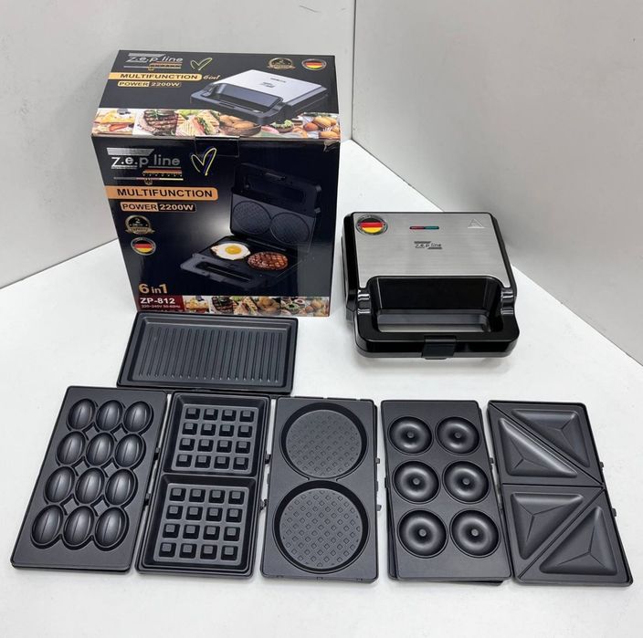 Сэндвичница-вафельница 6в1 Zepline 2200w, Мультимейкер с насадками