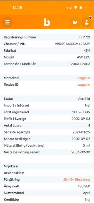 KTM 450 EXC 2003 Rok Rejestracja Szwecja