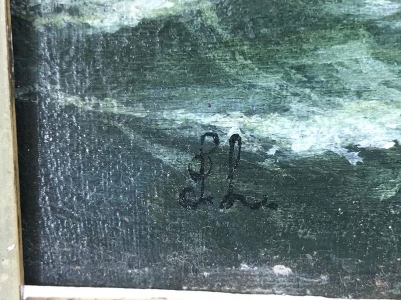 Pintura antiga óleo sobre tela paisagem marítima turbulenta com navios