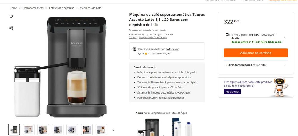 Maquina Café TAURUS Accento Latte 1,5 L 20 Bares com Moinho integrado