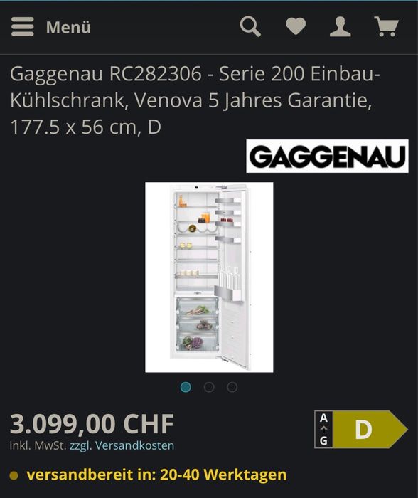 Frigorifico encastre GAGGENAU Serie 200 Frigorífico 177.5 x 56 cm