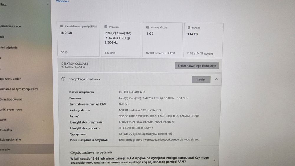 Komp i7-4770K / 16 GB RAM / 256 GB SSD + 1TB HDD / GeForce 1650