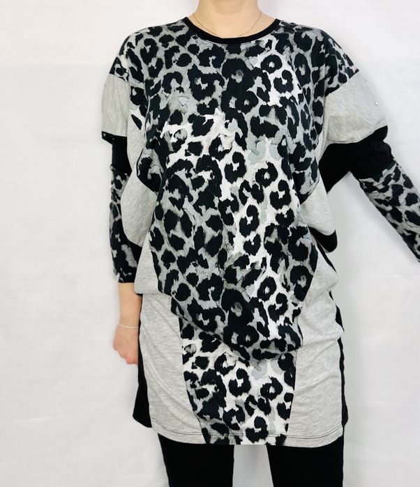 Szaro-czarna tunika z panterkowym panelem XS 34