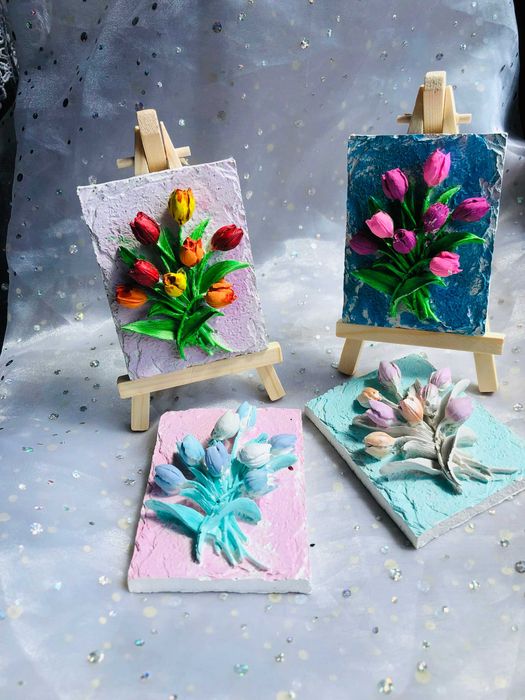 2 x Gipsowe tulipany na drewnianej sztaludze do pomalowania z farbkami