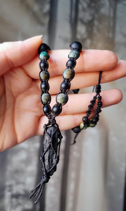 Męski naszyjnik, czarny turmalin, onyks, turkus afrykański