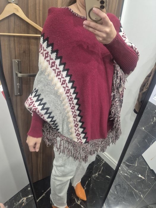 Poncho grube zimowe boho indian czerwone one size