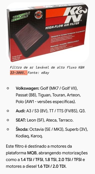 Filtro AR  KN Skoda Octavia , golf ,Léon