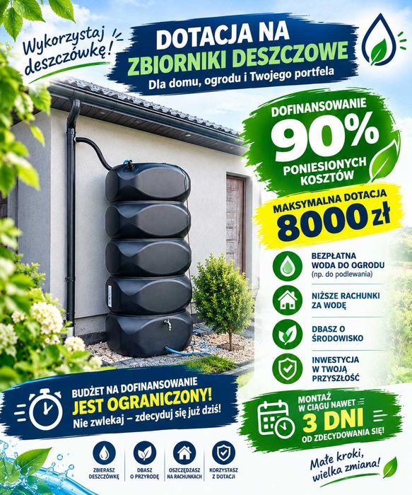 Zbiorniki na deszczówkę 2000 L, mocna pompa zanurzeniowa, montaż, transport, mikroretencja, koszt po dofinansowaniu 560 zł