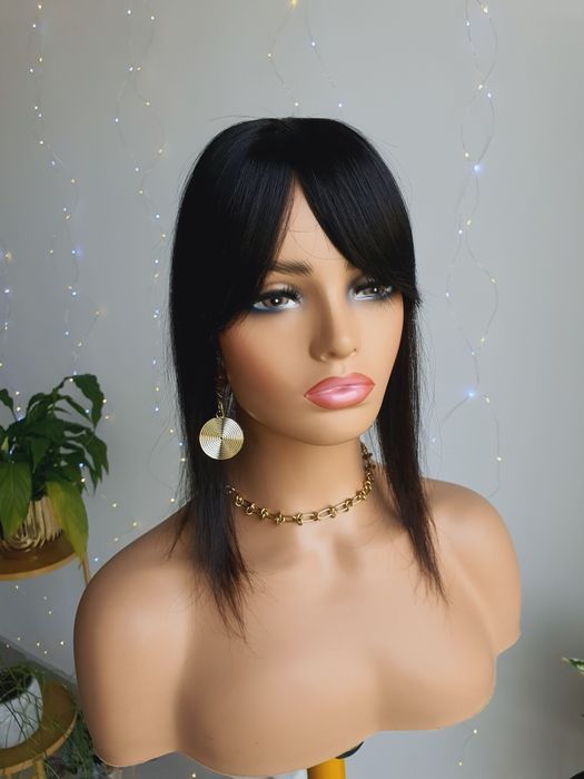 Mini tupet z włosów naturalnych z grzywką naturlana czerń treska