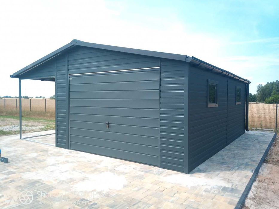 antracytowy garaż z wiatą 4x6 6x6 drzwi okno rynny ocynk profil