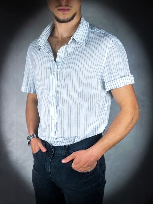 (L) Hugo Boss Nowa Biała Męska Koszula w Paski z Krótkim Rękawem