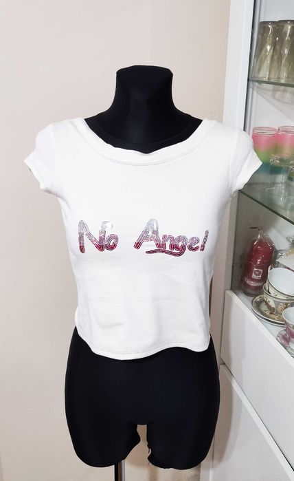 Top krótki biały bluzka No Angel cekiny róż