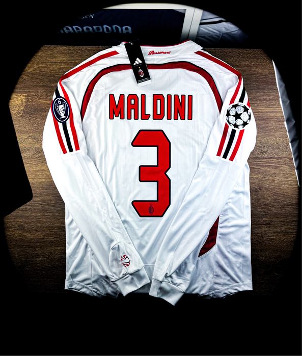 (M) PAOLO MALDINI 3 AC MILAN 2006/2007 z FINAŁU LIGI MISTRZÓW VINTAGE LONG SLEEVE Nowa Biała Domowa Piłkarska Koszulka z Długim Rękawem Kolekcjonerska