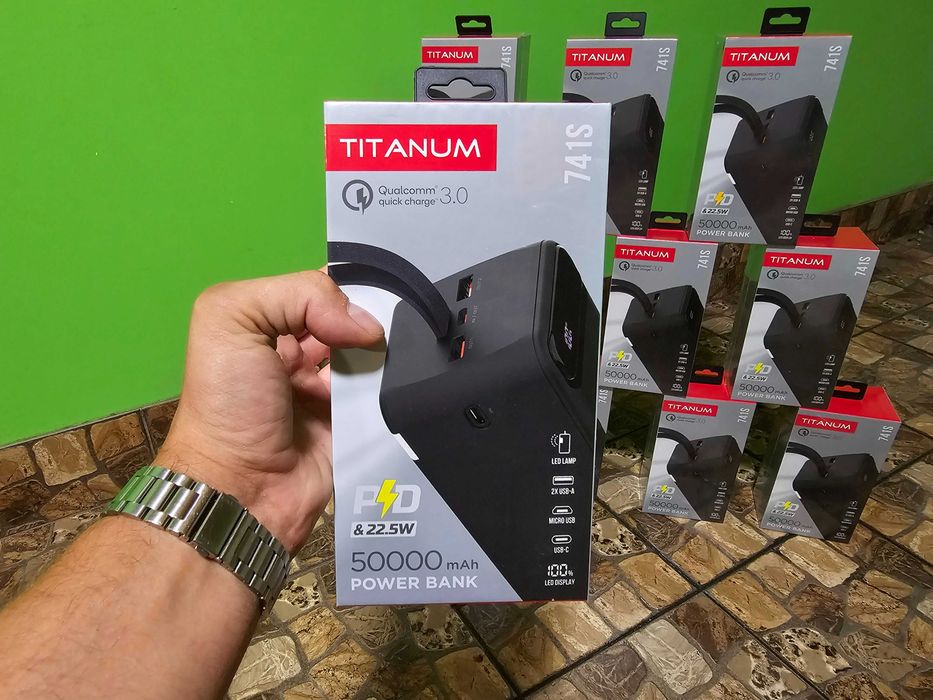 50000mAh ГАРАНТІЯ 1 рік - оригінальний power bank TITANUM 741S з швидкою зарядкою 22.5w. Якісний павербанк з ліхтариком; Портативний акумулятор