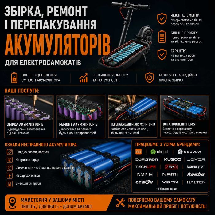 Збірка, ремонт і перепакування акумуляторів для електросамокатів
