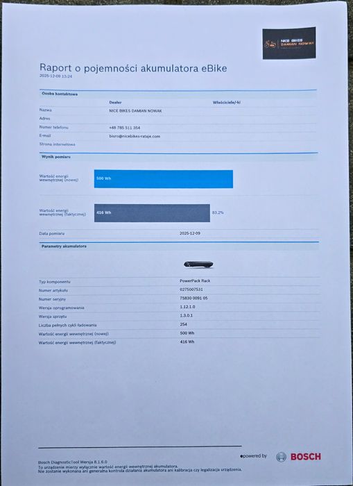Bateria Akumulator BOSCH POWERPACK 500Wh na bagażnik 254 cykle 83% spr