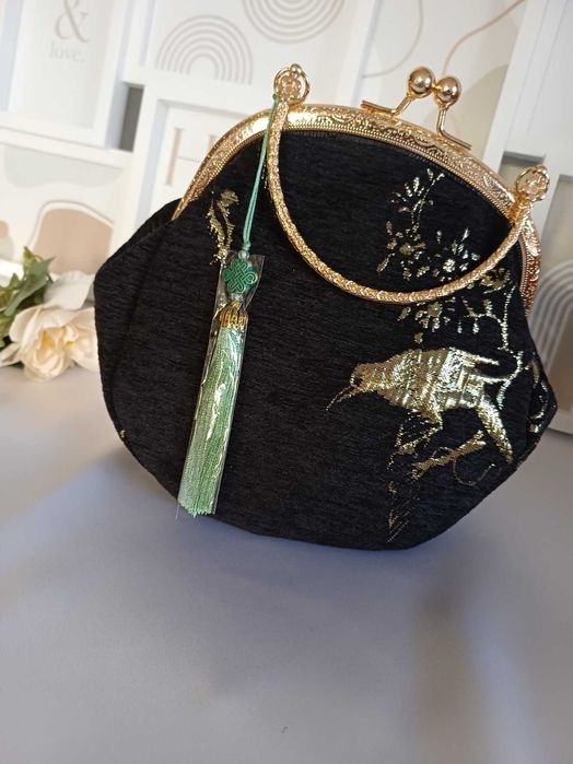 Torebka wieczorowa - Haftowany złoty ptak
