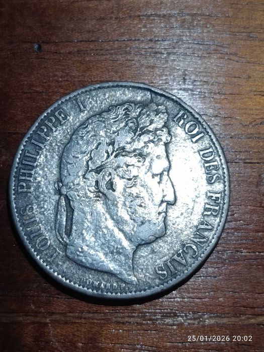 Moeda Prata 5 Francos França 3,7 cm séc XIX 1847